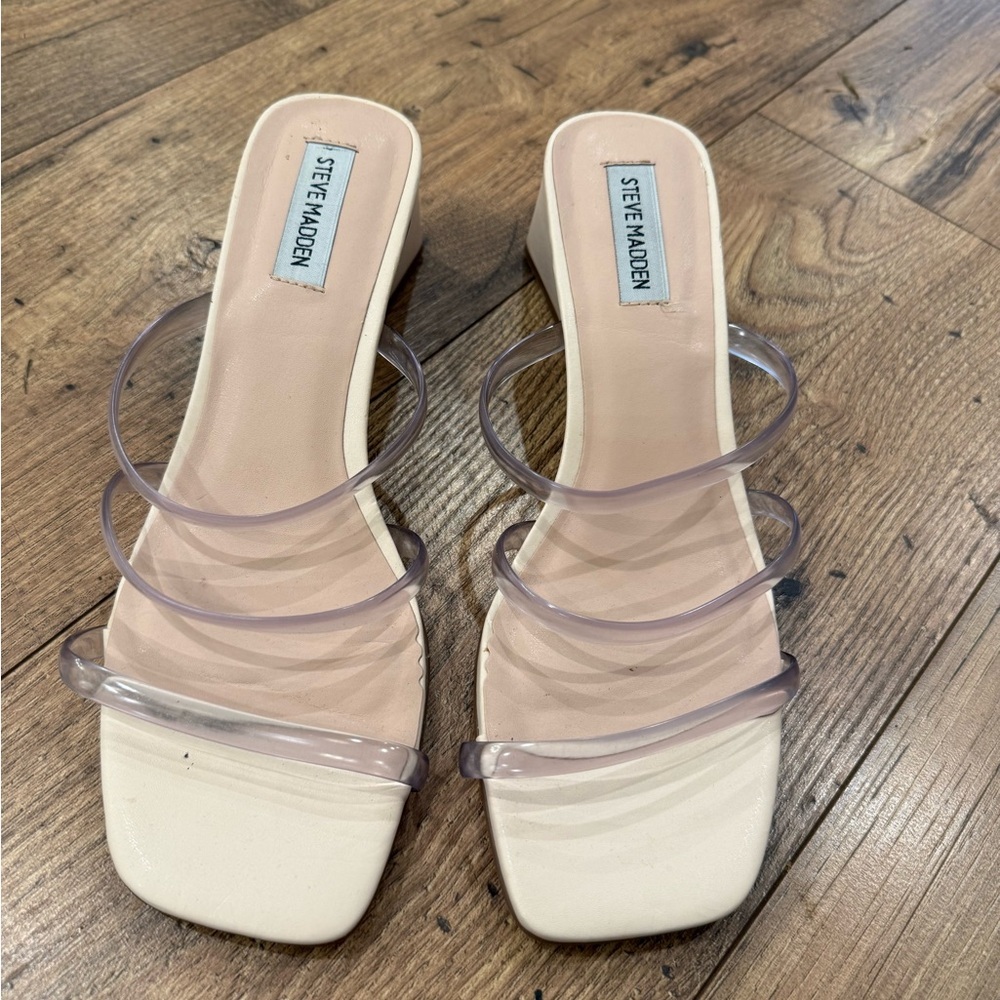 Steve Madden Clear Strap Block Heel Sandals Cream Size 8 - Picture 2 of 4